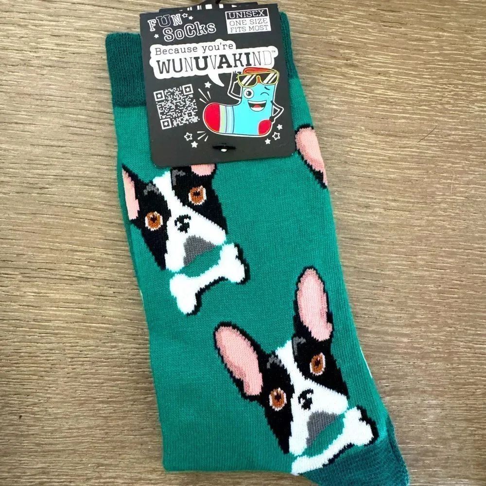 Frenchie Boston Terrier Dog Face Wunuvakind Green Fun Socks